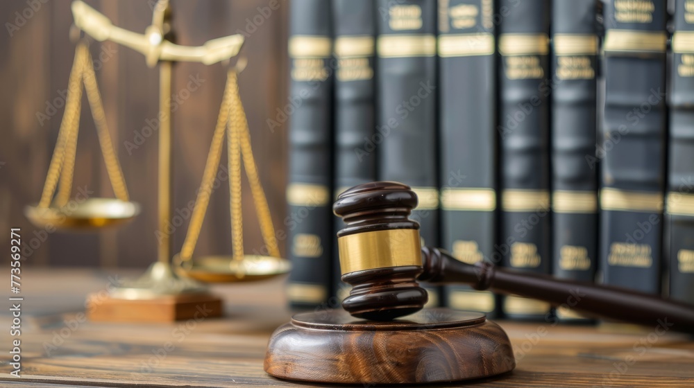 Close-up of a gavel on legal books, the golden scale of justice gleaming softly in the background Close-up of a gavel on legal books, the golden scale of justice gleaming softly in the background