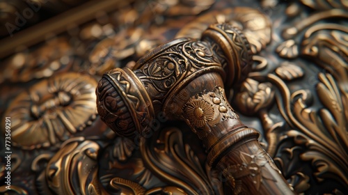 Macro shot of a judge's hammer with intricate carvings, emphasizing the gravity and precision of law