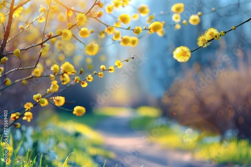 A tree with yellow flowers is in the foreground of a picture