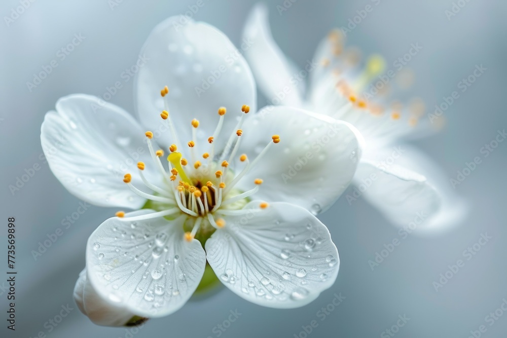 A close up of a white flower with droplets of water on it A close up of a white flower with droplets of water on it