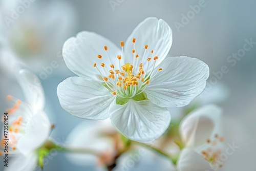 A close up of a white flower with yellow centers