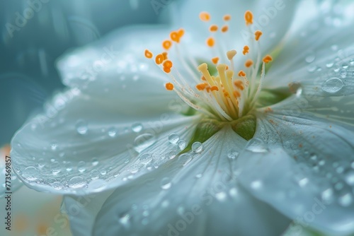 A close up of a white flower with droplets of water on it