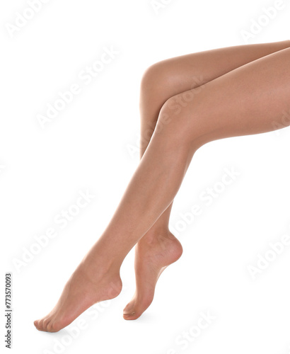 Woman with beautiful long legs wearing tights on white background, closeup