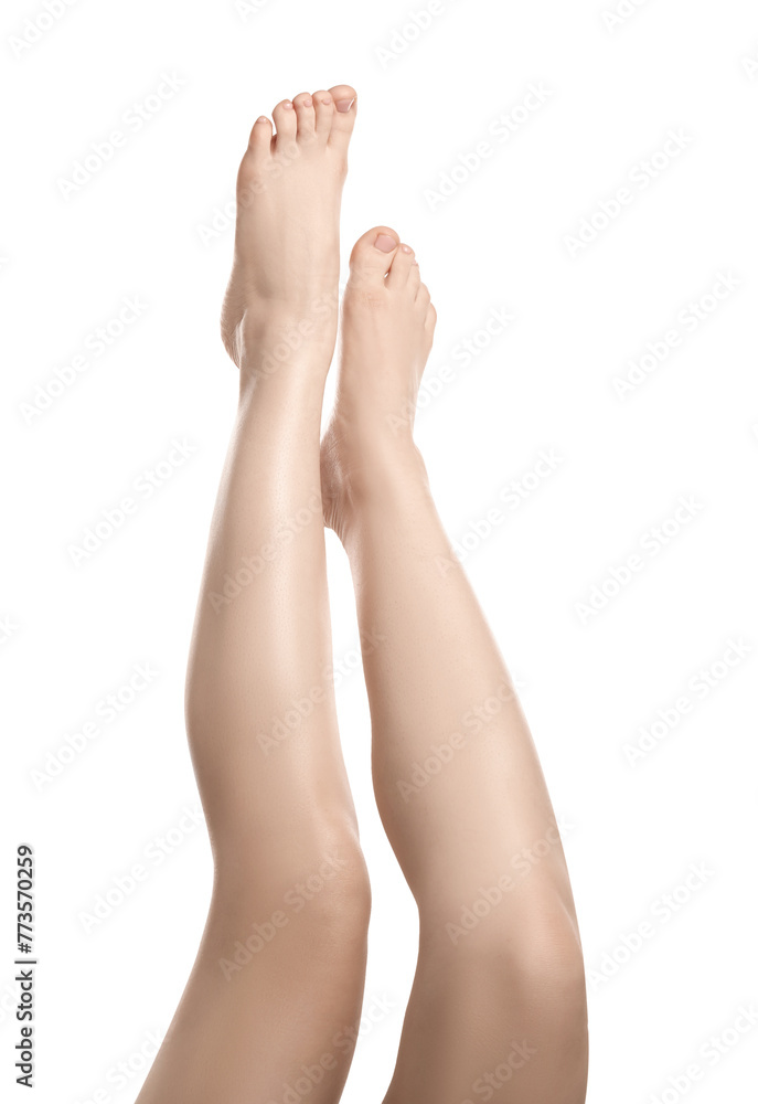 Woman with beautiful legs isolated on white, closeup Woman with beautiful legs isolated on white, closeup