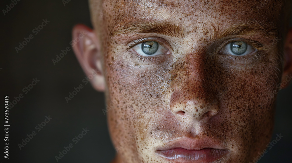 Fototapeta premium Extreme closeup studio portrait of handsome man with freckles, sculpted facial features and s a strong jaw line.