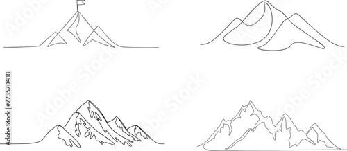 One continuous line drawing of mountain range landscape. Rocky peaks with snow and mounts in simple linear style. Winter sports concept isolated on white background. Doodle vector illustration