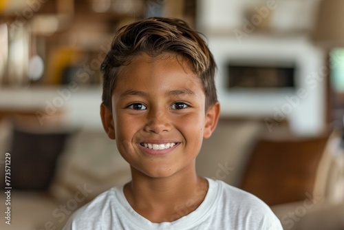 A young boy with brown hair and a white shirt is smiling