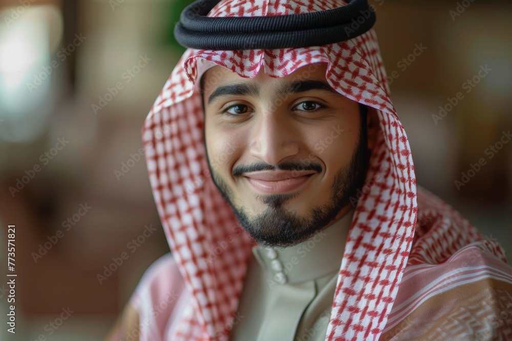 A man wearing a red and white scarf and a black hat is smiling A man wearing a red and white scarf and a black hat is smiling