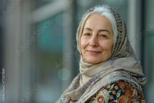 A woman wearing a scarf and smiling