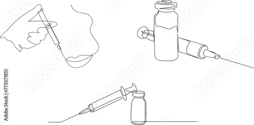 One continuous line drawing of medicine syringe. Pharmaceutical component and vaccine symbol in simple linear style. Editable stroke. Doodle outline vector illustration