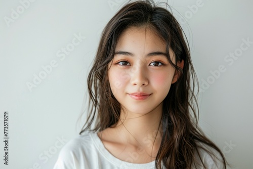 A woman with long brown hair and a white shirt is smiling