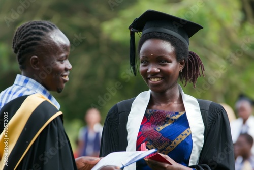 A woman in a graduation gown is smiling at a man in a graduation gown photo