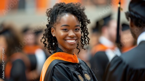 A woman wearing a black graduation gown and orange cap is smiling © top images