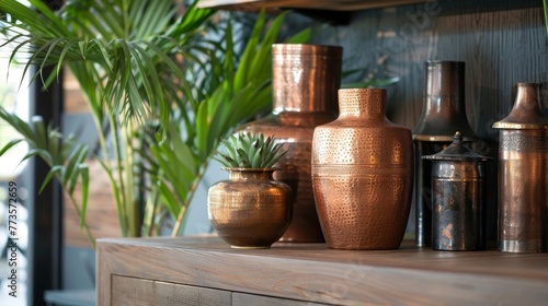The warm glow of copper jars and terracotta pots beautifully contrast against the rich earthy tones of the podiums creating a harmonious . .