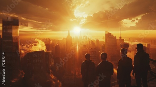 A group of friends stand atop a tall building watching the sun rise over the city skyline. The concrete jungle is bathed in golden light casting long shadows and giving a