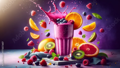 A splash of fruit smoothie with berries  citrus  and kiwi flying around a full glass.