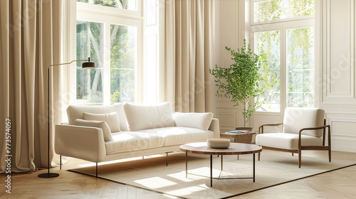 Modern villa living room design interior, beige furniture, bright walls, hardwood flooring, sofa, armchair with lamp. Concept of relax.