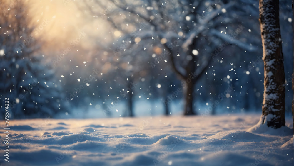 A winter Christmas backdrop decorates the stage with gently falling snow and a beautiful blurred bokeh effect, creating a magical and festive atmosphere. In the middle of a winter wonderland. AI gener