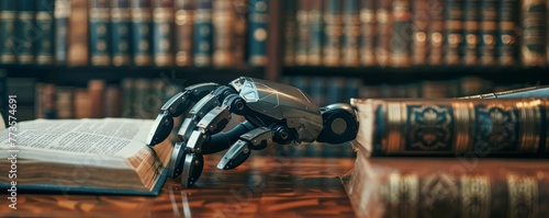 A robot hand meticulously sorting through legal documents on a classic lawyer desk, AI law books and digital legal codes shimmering in the background photo