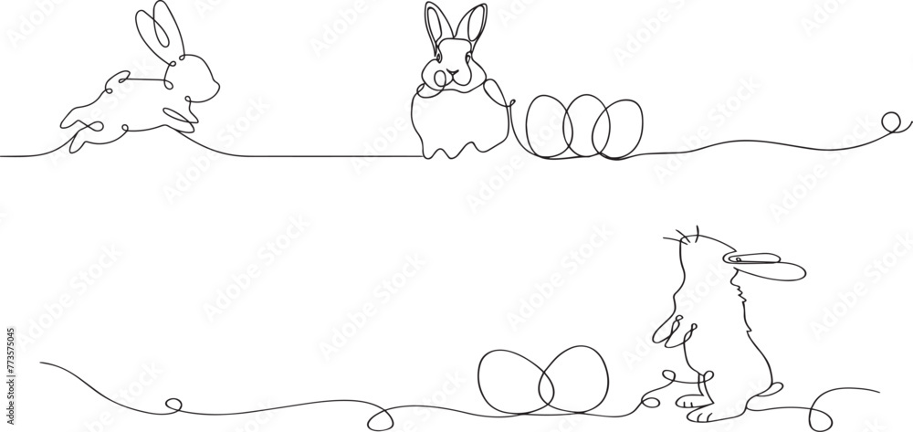 One continuous line drawing of Easter eggs and rabbit. Greeting banner design with bunny and ears in simple linear style. Editable stroke. Doodle vector illustration