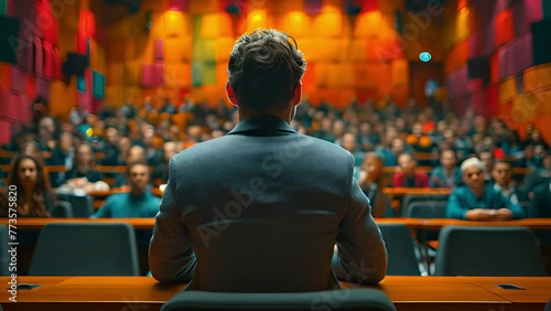 Conference animation: Man addressing crowd, business concept photo