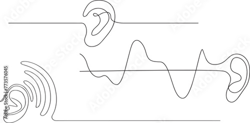 One continuous line drawing of human ear. Icon Symbol of care hear health and sensory aid in simple linear style. Mascot concept for world deaf day editable stroke. Doodle vector illustration photo