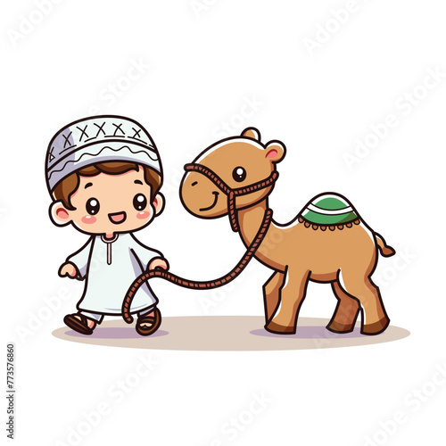 Cute vector illustration of Muslim children and camels