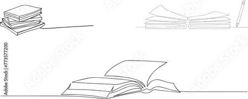 One continuous line drawing of stack books and opened notebook with pages. Education in school and library studying in simple linear style. Editable stroke. Doodle vector illustration