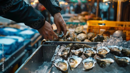 A close-up view capturing the hands of a person shucking fresh oysters at a vibrant seafood market stall. 