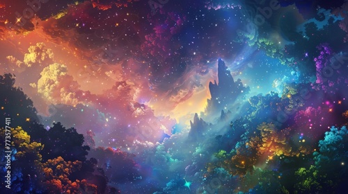 A dreamlike background brought to life with a mix of vivid hues and magical auras photo