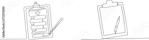 Clipboard with checklist and pen in one continuous line drawing. To do list with ticks and concept for test expertise and exam in simple linear style. Editable stroke. Doodle vector illustration