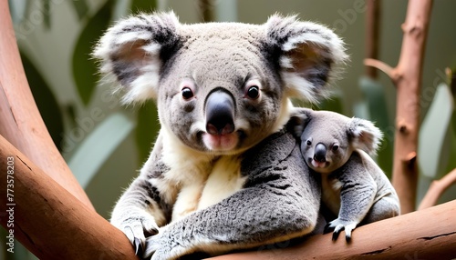 A Koala With Its Baby Clinging To Its Belly  3 photo