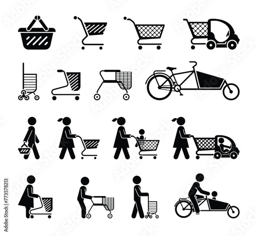 Information shopping icons. Different types of baskets, trolleys and carts for shopping in stores.