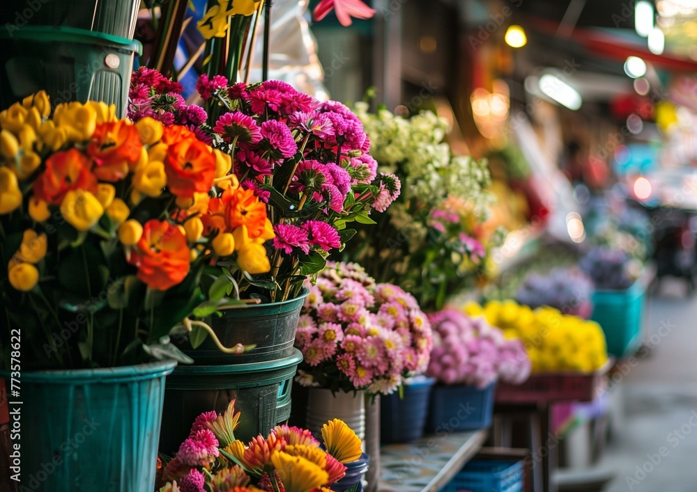 Colorful Assortment of Fresh Flowers at a Local Street Market