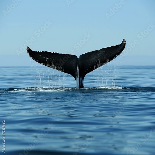 Majestic Humpback Whale Tail Emerging from Deep Blue Ocean