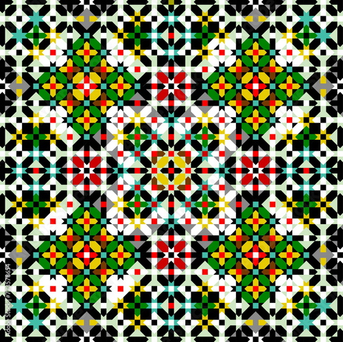Minimalist mosaic, Moroccan geometric drawing multi-colored square with an abstract pattern and a modern detailed design inspired by ornate ( zellige )and detailed Islamic decoration 