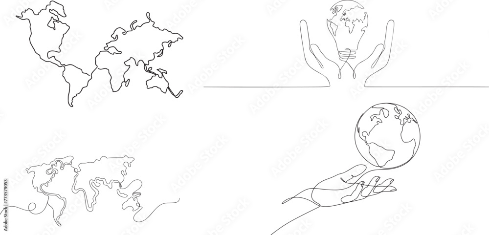 One continuous line drawing of Earth globe. World map in simple linear style. Travel and flight concept in editable stroke. Doodle vector illustration One continuous line drawing of Earth globe. World map in simple linear style. Travel and flight concept in editable stroke. Doodle vector illustration