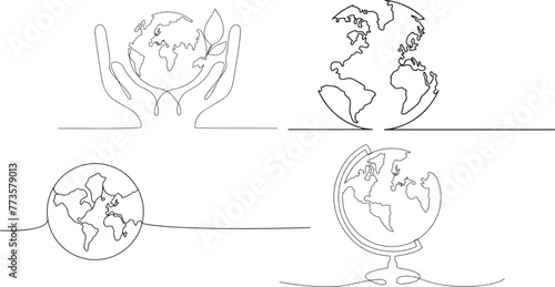 One continuous line drawing of Earth globe. World map in simple linear style. Travel and flight concept in editable stroke. Doodle vector illustration