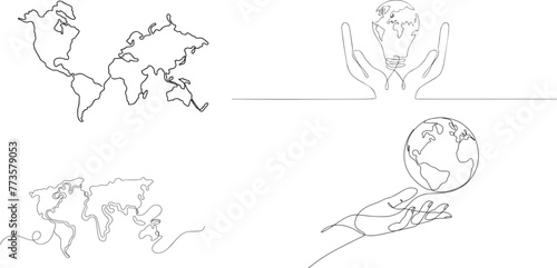One continuous line drawing of Earth globe. World map in simple linear style. Travel and flight concept in editable stroke. Doodle vector illustration