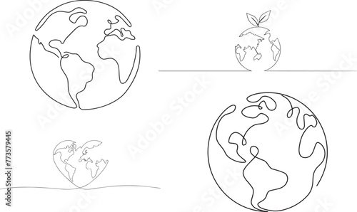 One continuous line drawing of Earth globe. World map in simple linear style. Travel and flight concept in editable stroke. Doodle vector illustration