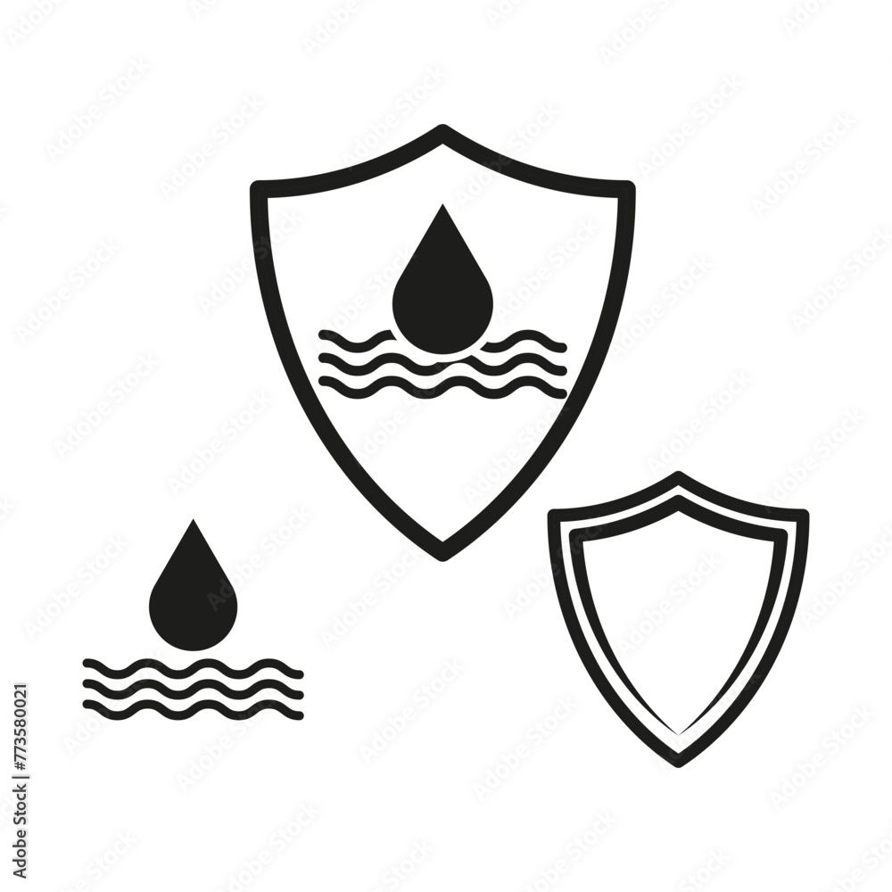 Water protection shield. Drop and waves emblem. Safety symbol. Monochrome simplicity. Vector illustration. EPS 10. Water protection shield. Drop and waves emblem. Safety symbol. Monochrome simplicity. Vector illustration. EPS 10.
