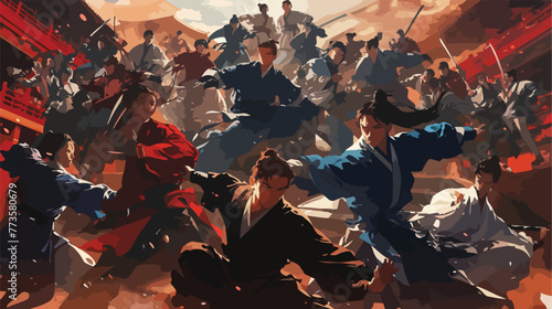 Anime style a group of chinese martial artist in co photo