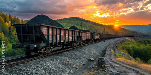 Scenic sunset view of coal train wending its way through mountainous landscape with trees in foreground photo