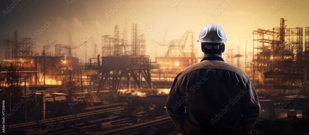 A man wearing a hardhat is carefully inspecting a large industrial factory A man wearing a hardhat is carefully inspecting a large industrial factory