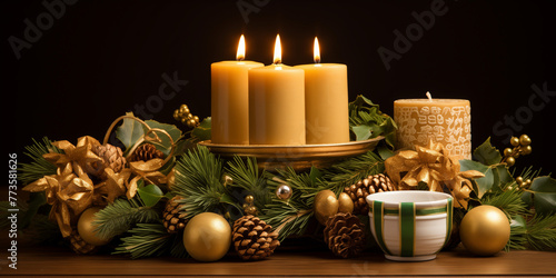 A delightful composition featuring four radiant golden candles, a vase filled with fragrant eucalyptus branches, and a bowl of delicious cookies arranged elegantly on a wooden table adorn.