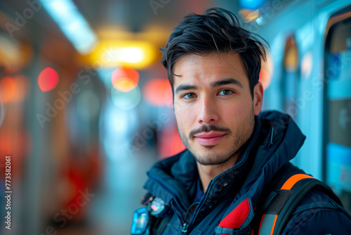 Confident Paramedic Rescue Man Facing the Camera, Ambulance Crew Out of Focus in the Background. Emergency Response Concept