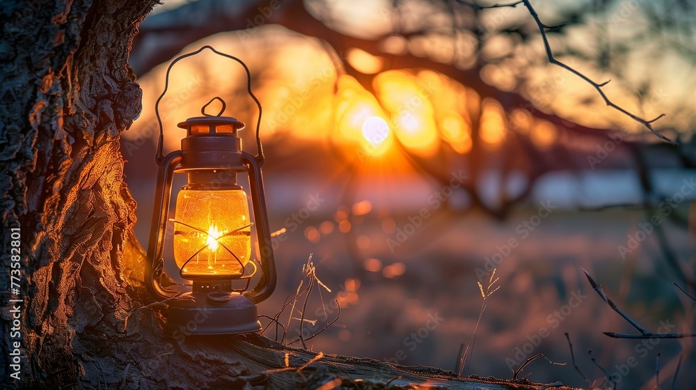 Enchanting Sunset Glow Through Tree Branches with Vintage Lantern