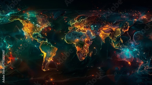 A map of the world is displayed with vibrant lights shining in various colors, creating a beautiful and unique visual representation.