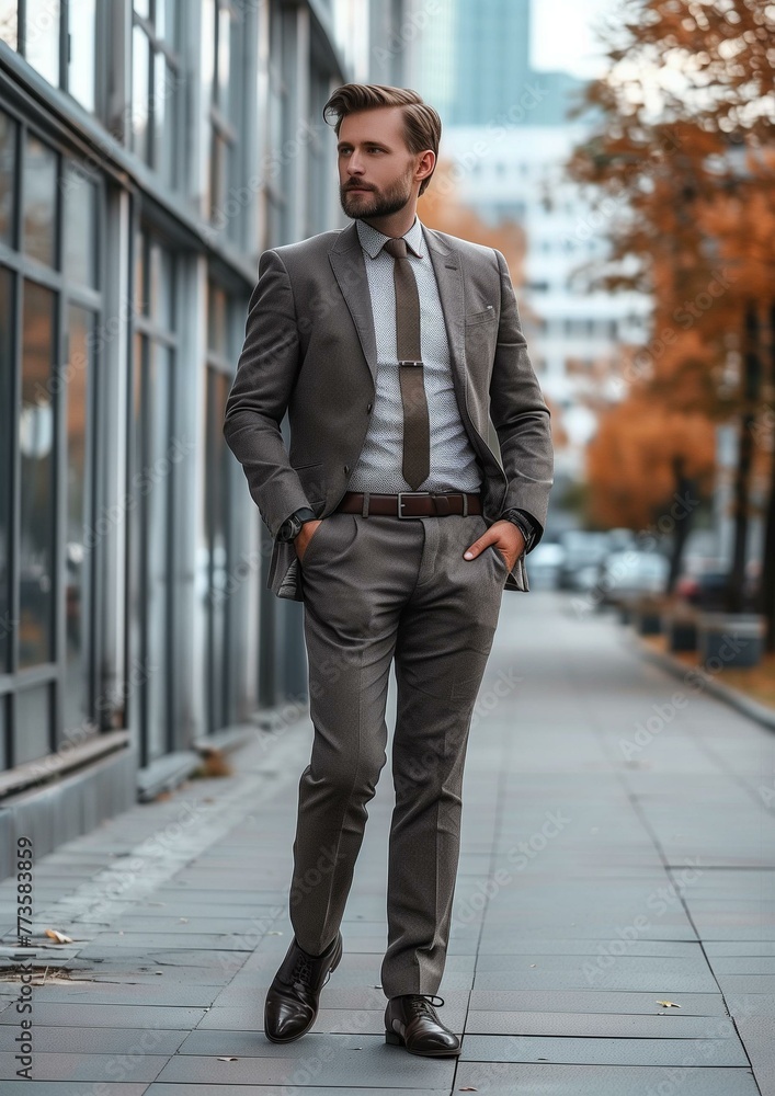 Confident Businessman Walking Outdoors in Stylish Grey Suit. Confident Businessman Walking Outdoors in Stylish Grey Suit.
