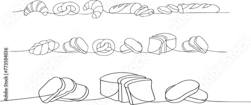 One continuous line drawing of french baguette bread. Baking loaf logo for bakery shop with plant wheat in simple linear style. Outline editable stroke. Doodle vector illustration